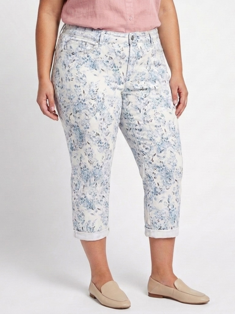 NYDJ Lift Tuck Denim Jeans Capri Women Plus 18W Blue White Floral Stretch Cuff